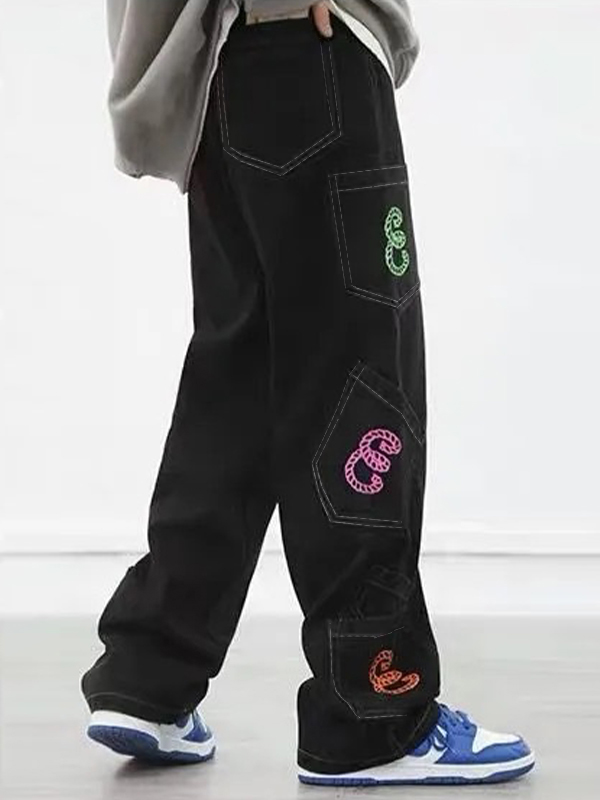 Men's Multiple Pocket Colorful Print Loose Jeans-1