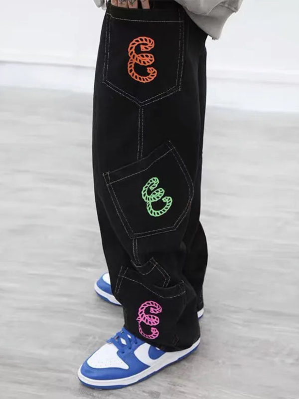 Men's Multiple Pocket Colorful Print Loose Jeans-3