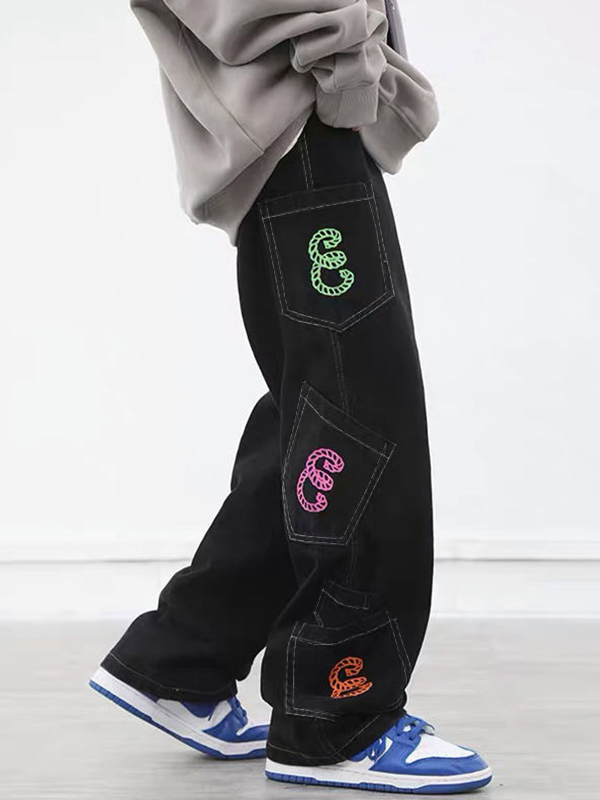 Men's Multiple Pocket Colorful Print Loose Jeans-4