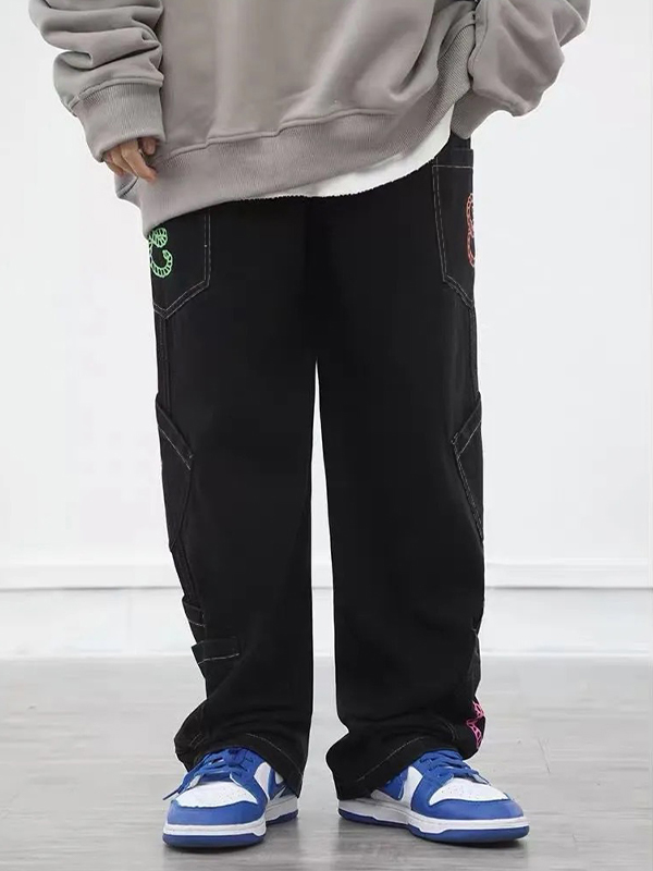 Men's Multiple Pocket Colorful Print Loose Jeans-2