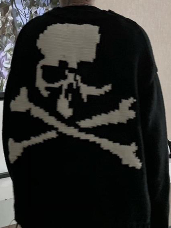 Men's Skull Tattered Hem Loose Sweater-3