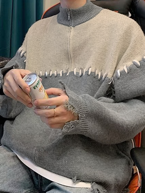 Men's Splice Tattered Design Zip Up Knit Jacket-2