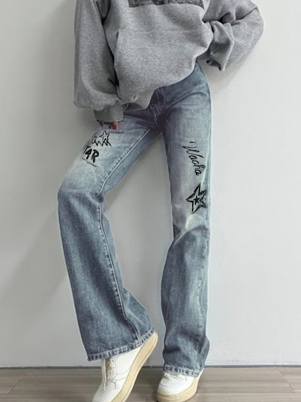 Star Letter Graffiti Print Flare Jeans-1