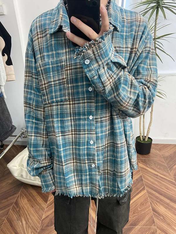 Men's Vintage Plaid Tassel Design Long Sleeve Blouse-1