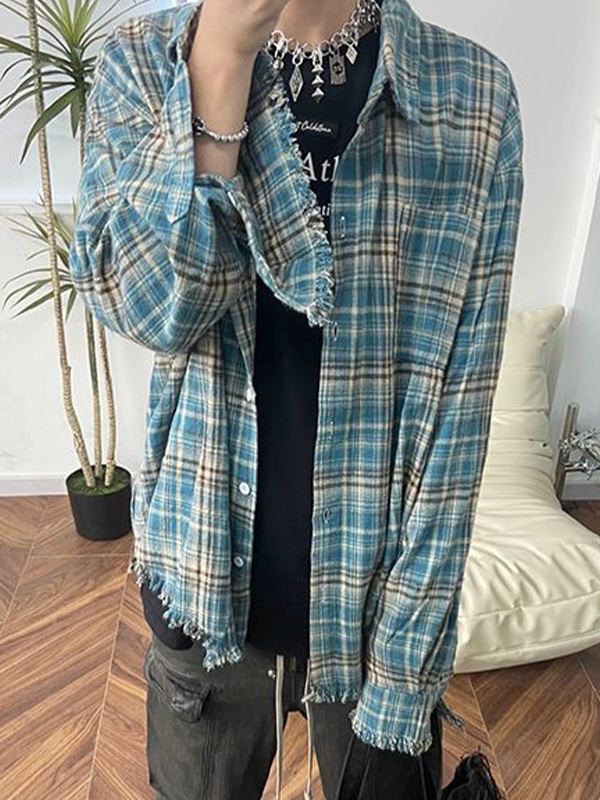 Men's Vintage Plaid Tassel Design Long Sleeve Blouse-3