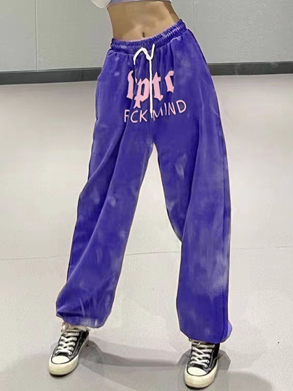 Hip Pop Purple Letter Print Bound Feet Sweatpants-1