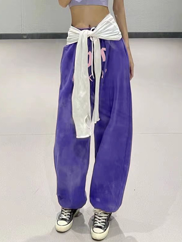 Hip Pop Purple Letter Print Bound Feet Sweatpants-2