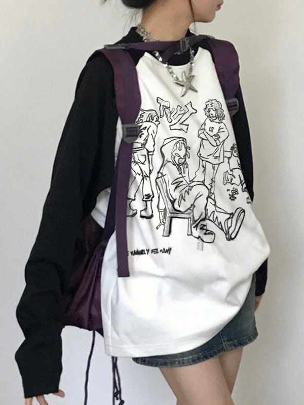 Portrait Graffiti Print Raglan Oversized Long Sleeve Tee-1