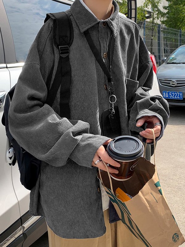 Men's Corduroy Loose Button Down Shirt-3