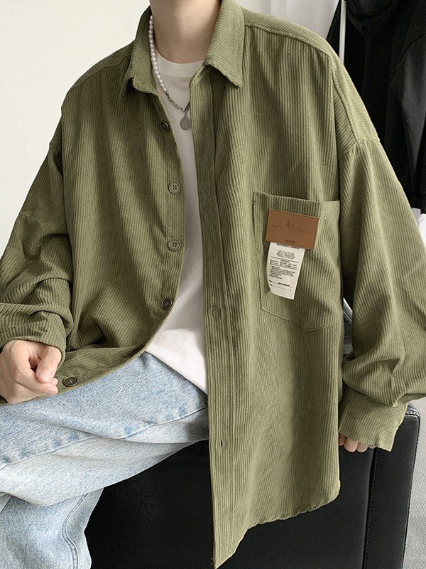 Men's Patch Detail Corduroy Long Sleeve Shirt-1