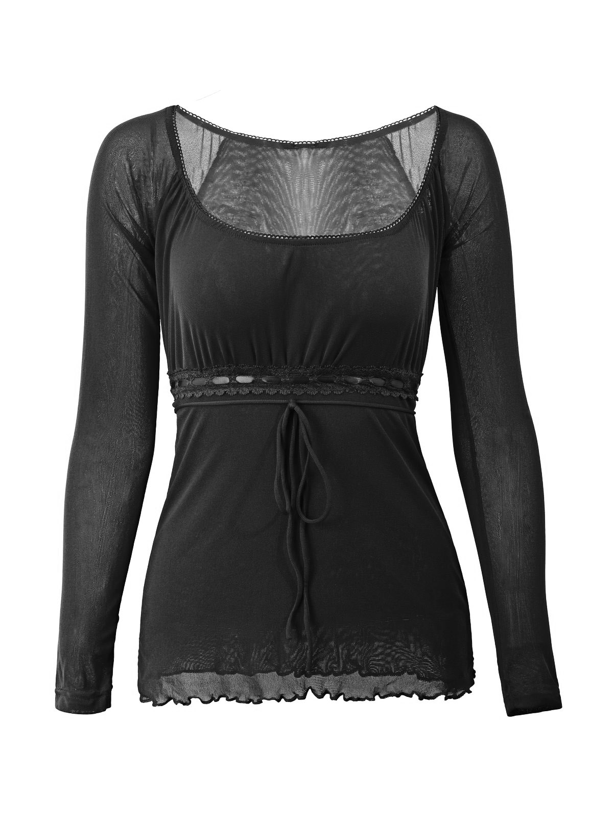 Lace Trim Tie Front Long Sleeve Blouse-3