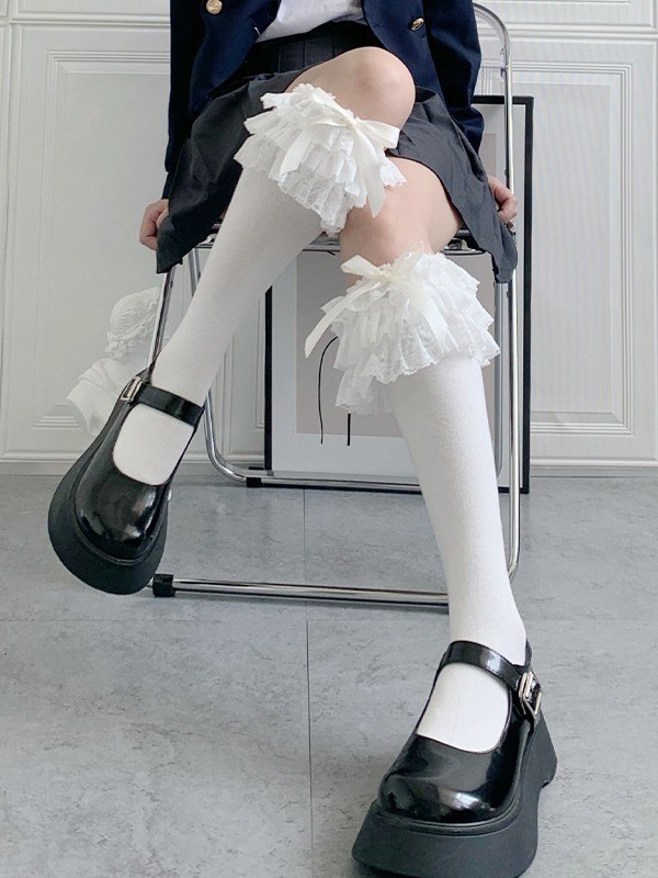 Ruffle Lace Trim Knee High Socks-3