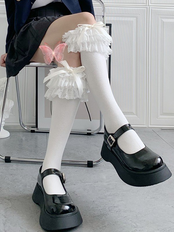 Ruffle Lace Trim Knee High Socks-4