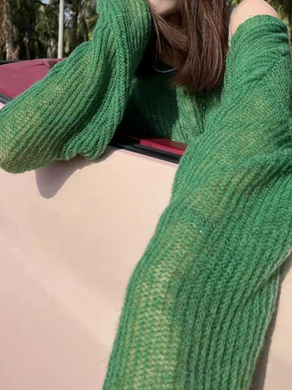 See Through Solid Loose Short Long Sleeve Knit-1