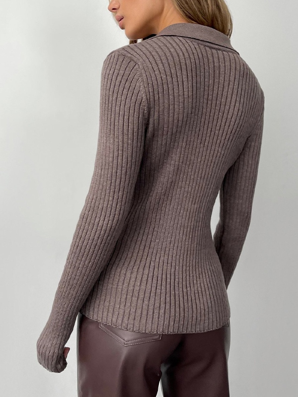 Solid V Neck Ribbed Sweater-3