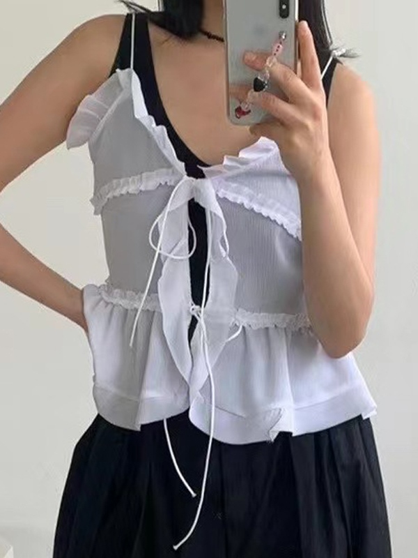 See Through Ruffled Trim Tie Up Cami Top-2
